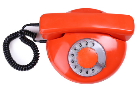复古的红色电话，孤立的白色衬底上