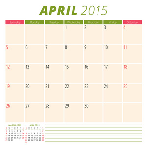 日历计划 2015年模板周开始周日