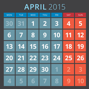 日历计划 2015年模板周星期一开始