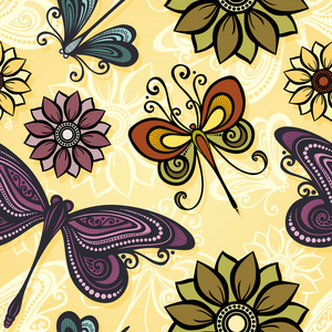 无缝的华丽花纹与蝴蝶