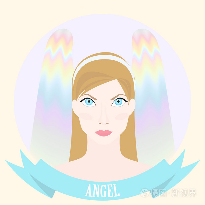 软彩色的插图与美丽的严重天使带翅膀的女波光粼粼闪光画像的目光看着