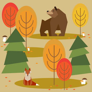 有趣的窗体有趣的几何动物秋明亮彩色抽象卡通森林背景照片