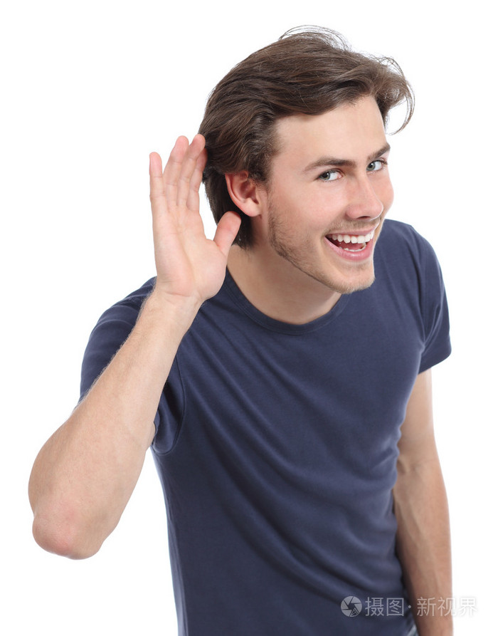 快乐的人,听到耳朵上的手