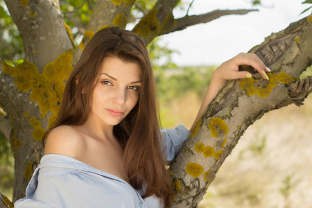 美丽的微笑女孩在夏天背景上看在树附近