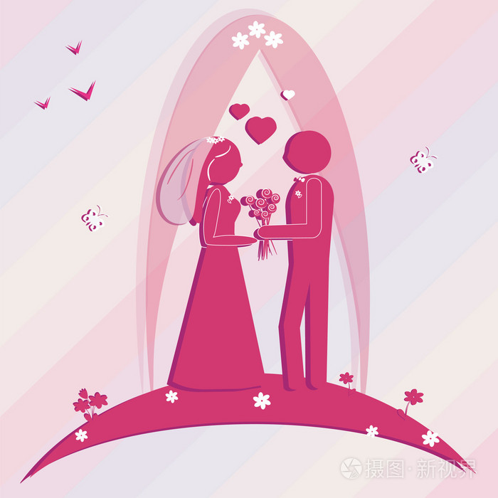 模板婚礼卡。插图新郎和新娘
