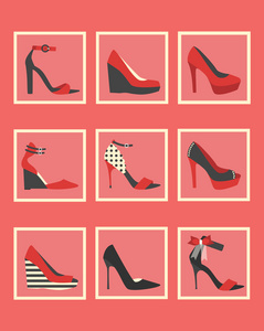独特的粉红色和红色女鞋方形图标集