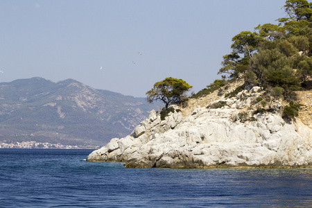 希腊景观用水 树和山