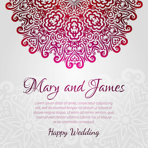 花边矢量婚礼卡模板。添加抽象圈子的花卉装饰。好的生日或婴儿送礼会请柬。民族设计