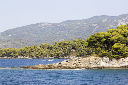 希腊景观用水 树和山