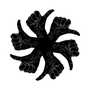 六个大拇指手势圆的抽象符号，黑色和白色