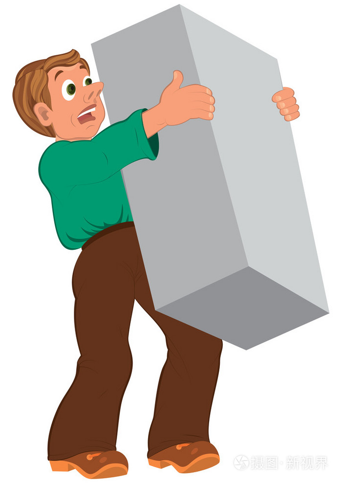 在绿色的衬衫和棕色的鞋,拿着大盒卡通漫画的人