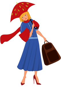 卡通女人在蓝色外套和红色的伞