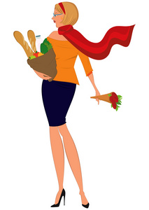 卡通女人长满鲜花和购物袋条红色的围巾