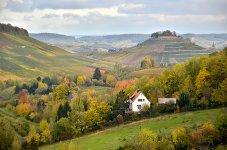 德国秋季景观与葡萄园山上视图