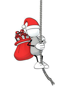 与圣诞老人的帽子和满满袋的粗略小个子提出了爬上一根绳子