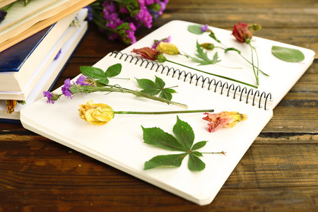 用鲜花和植物在木制的背景上的笔记本上枯竭的组成
