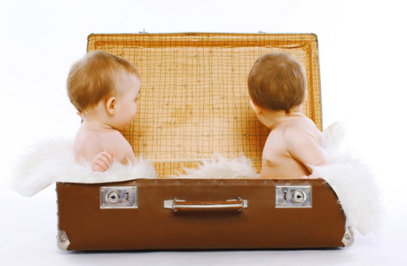 双胞胎坐在一只手提箱，有乐趣，玩 旅游 家庭c