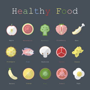 健康的食品，在平的设计与文本中的插图