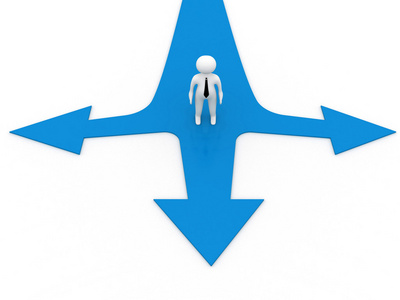 3d 立体人思维和混淆着三个红色的箭头显示三个不同的方向,不知道其中