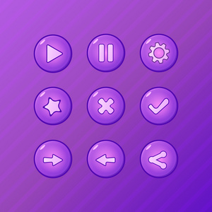 集游戏 ui 向量元素紫播放 暂停 选项，接受，下降，回来，分享按钮 gamedev