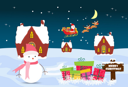 圣诞贺卡与圣诞老人 雪人和圣诞的房子