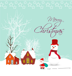 快乐圣诞贺卡与圣诞老人 雪人和圣诞的房子