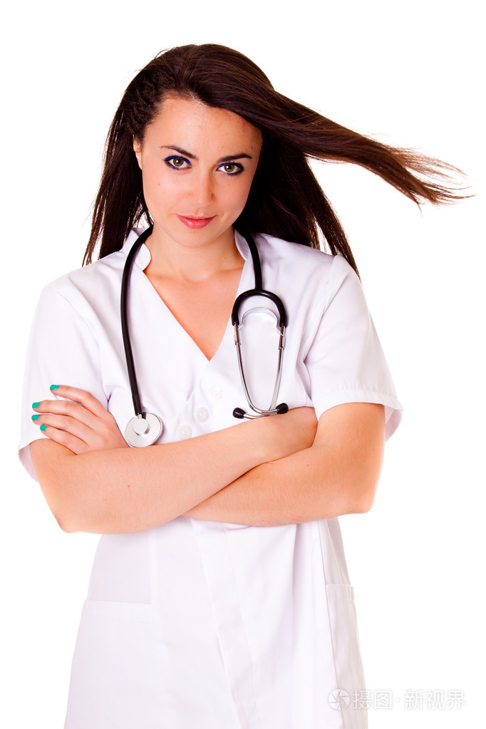 在白色背景 phonendoscope 医学博士女人 iisolated
