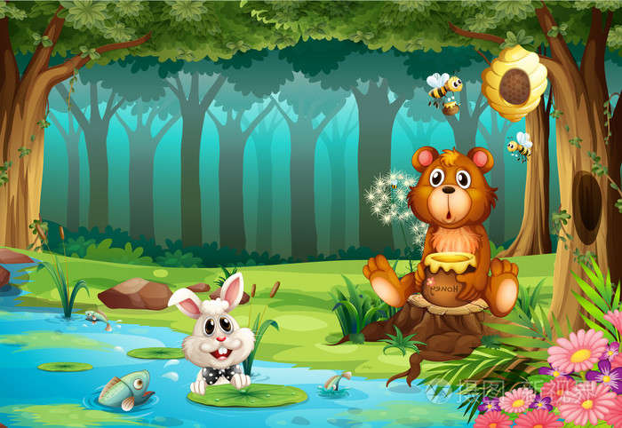 熊和森林在丛林中的猴子猫鼬在一天的森林场景动物和丛林儿童和森林