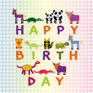 生日快乐卡上柔和的颜色背景有趣的动物。ve