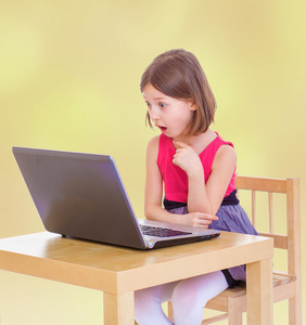 惊讶的小女孩看着计算机