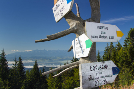 波兰，gorce 山，在 turbacz 峰值的路标