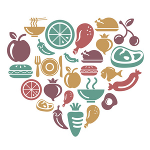 食物 水果和蔬菜的图标，在心的形状