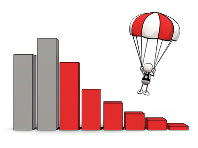 粗略小人在用红色降落伞和跌势条形图