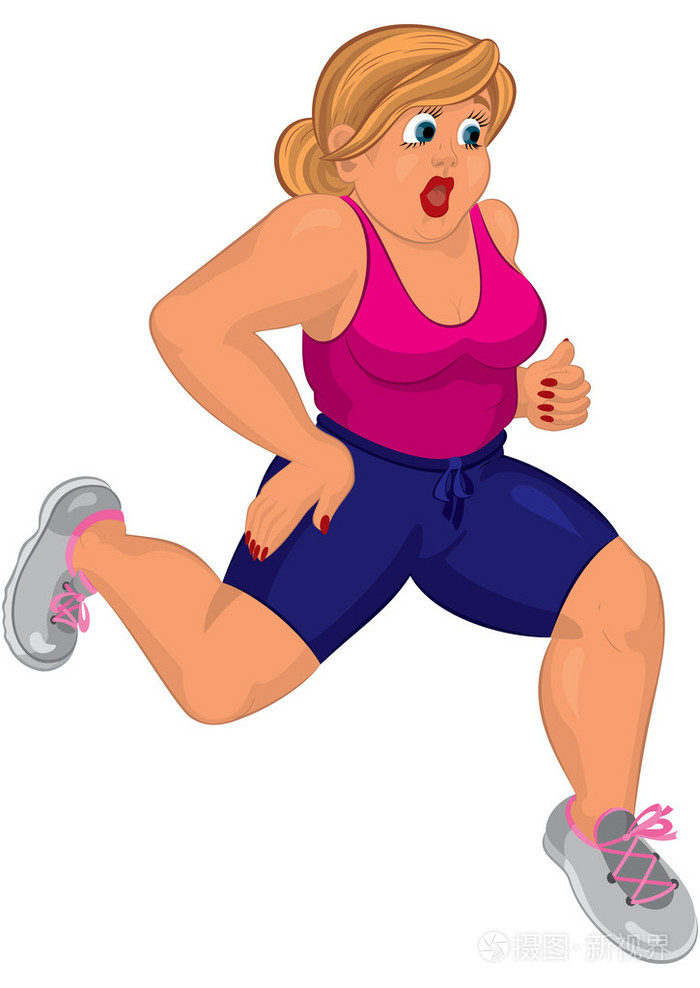 卡通年轻胖女人穿着粉色上衣和运行的跑步鞋