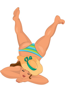 卡通的年轻女性在条纹的比基尼泳装躺着