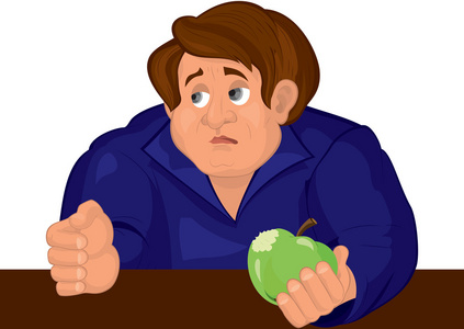 在与苹果的蓝色上衣的卡通可悲的男人躯干