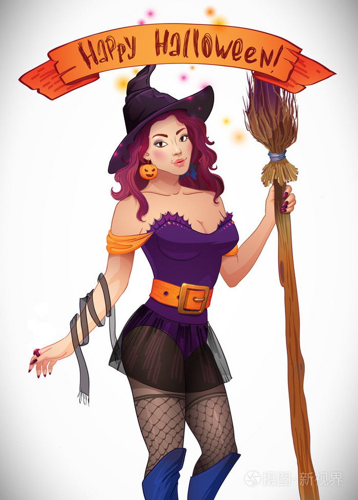 漂亮的女巫万圣节.性感的女孩,用扫把和帽子.贺卡, web, 丝带, 题词