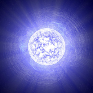 炽热的发光旋转中子星, 计算机生成抽象背景, 3d 渲染蓝色发光中子星