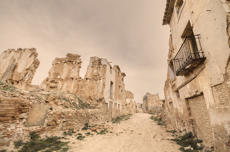 复古风格的 belchite 被毁城镇的图片。在西班牙内战，在西班牙萨拉戈萨期间被毁