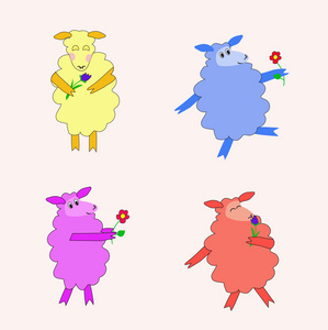 四个多彩孤立的羊与花