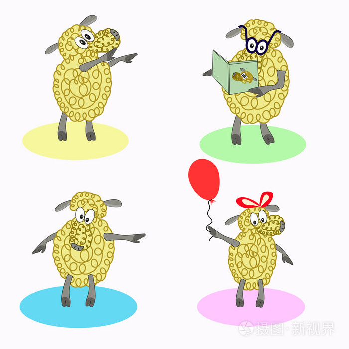 四个孤立的卡通羊
