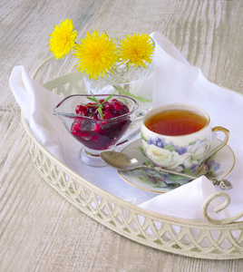 杯茶，在白色的木制背景上托盘上的果酱