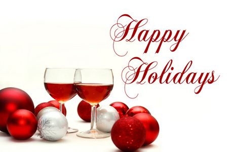红酒和圣诞装饰品与文本节日快乐