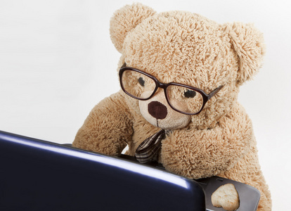 mishutka泰迪熊在眼镜作品背后的计算机照片