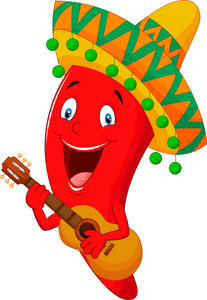 红辣椒的卡通人物弹着吉他的墨西哥帽子
