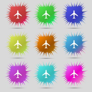 飞机的标志。平面符号。旅行图标。飞行平面标签。设置色彩缤纷的按钮。矢量