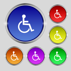 禁用的签名图标。人类对轮椅符号。残疾人的无效标记。设置色彩缤纷的按钮矢量