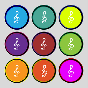 音乐注释标志图标。音乐的符号。设置色彩缤纷的按钮。矢量