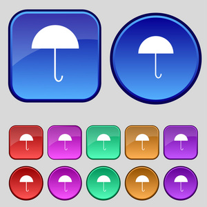 伞签名图标。雨保护标志。设置色彩缤纷的按钮。矢量