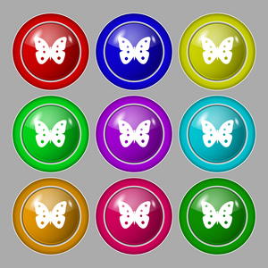 蝴蝶标志图标。昆虫的符号。设置色彩缤纷的按钮。矢量
